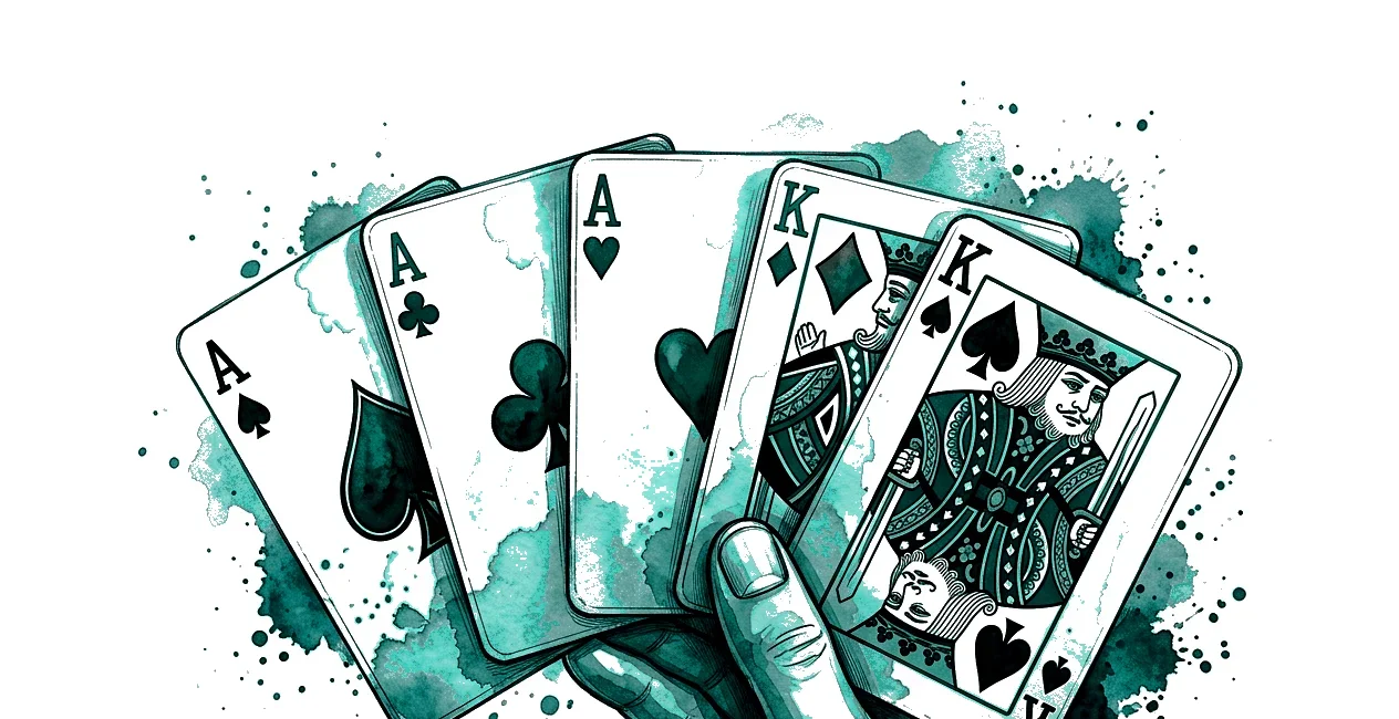 Watercolour illustration of a hand holding a full house poker hand in teal watercolour