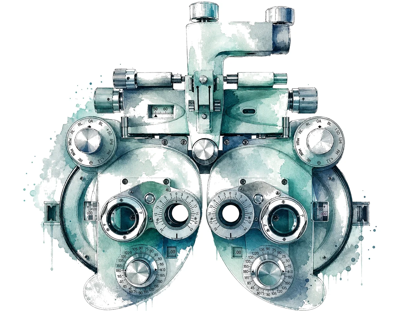 Watercolour illustration of a phoropter refraction head used in eye examinations